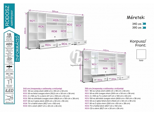 Modern szekrénysorok - Rodosz szekrénysor 390cm