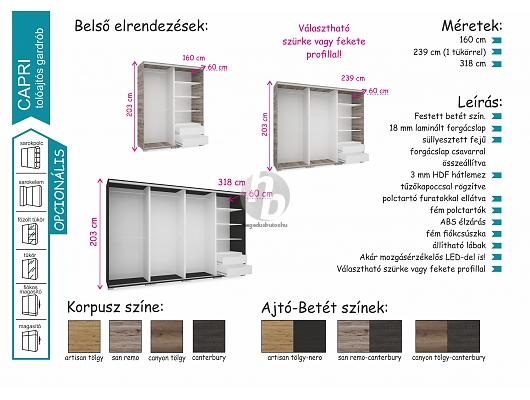 Tolóajtós gardróbok - Capri gardrób 239cm tükör nélkül