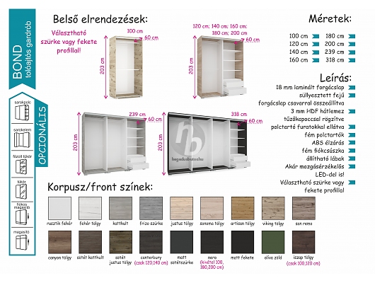 Tolóajtós gardróbok - Bond gardrób 200cm