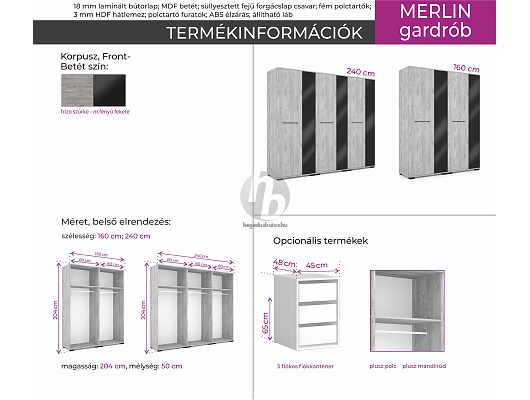 Nyílóajtós gardróbok - Merlin gardrób 240cm