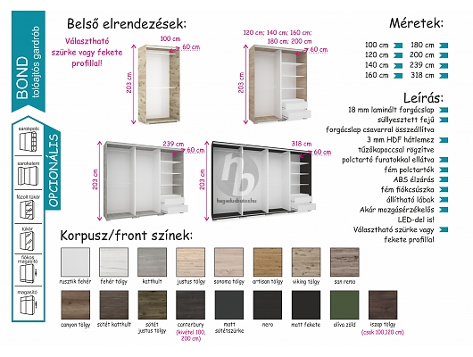 Tolóajtós gardróbok - Bond gardrób 180cm